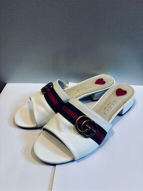 Gucci White Leather Slide Mules with Red & Green Web and Gold GG